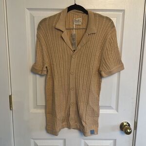 Reuben Oliver Tan Beige Pima Cable-Knit Collared Button Down Sweater Top S NWT